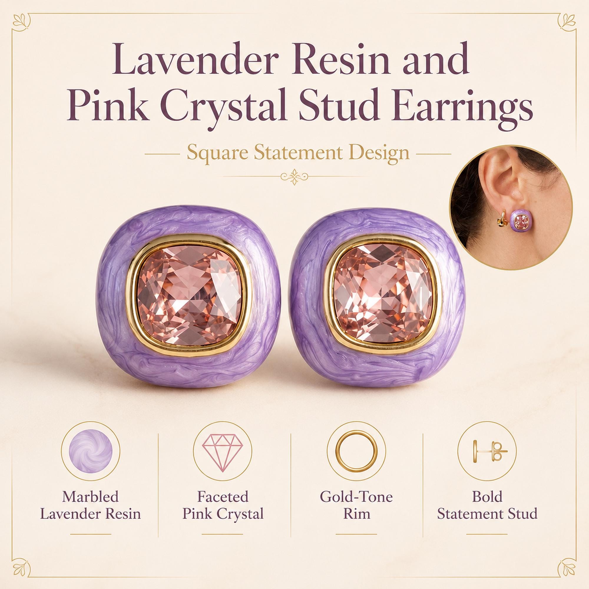 Lavender Resin & Pink Crystal Stud Earrings — image 3