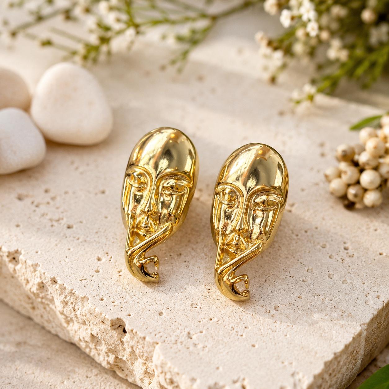 Abstract Face Gold Stud Earrings — image 8