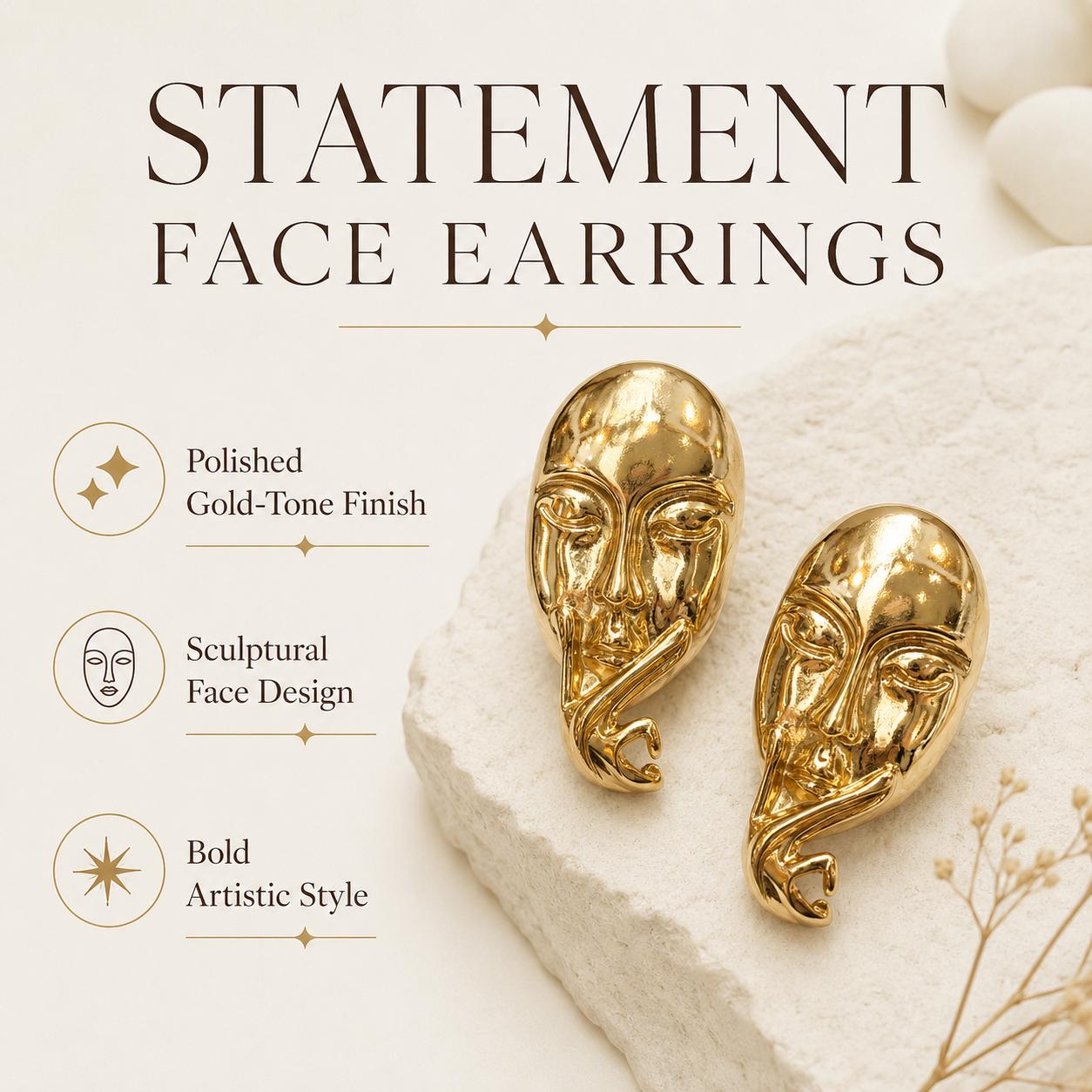 Abstract Face Gold Stud Earrings — image 2