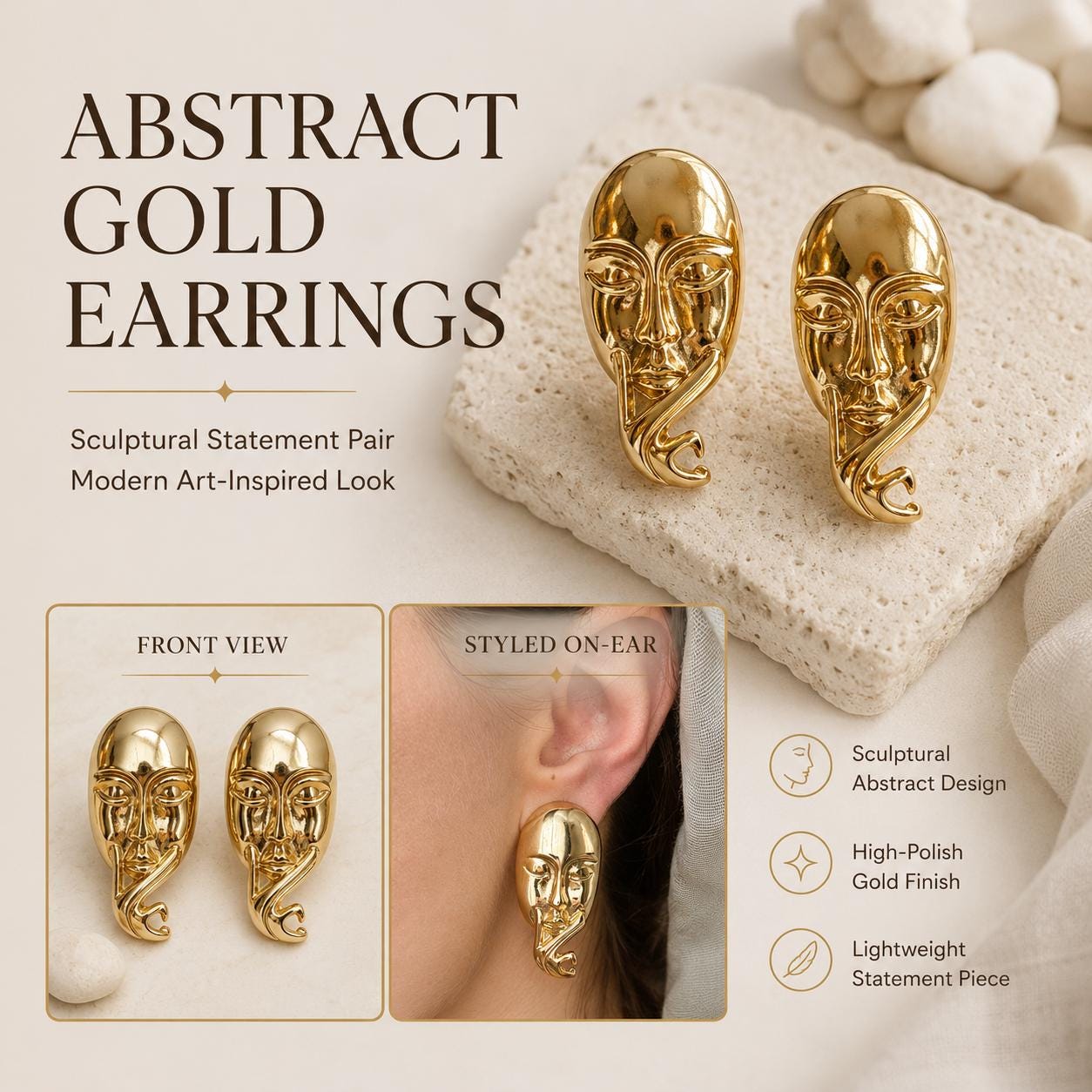 Abstract Face Gold Stud Earrings — image 6