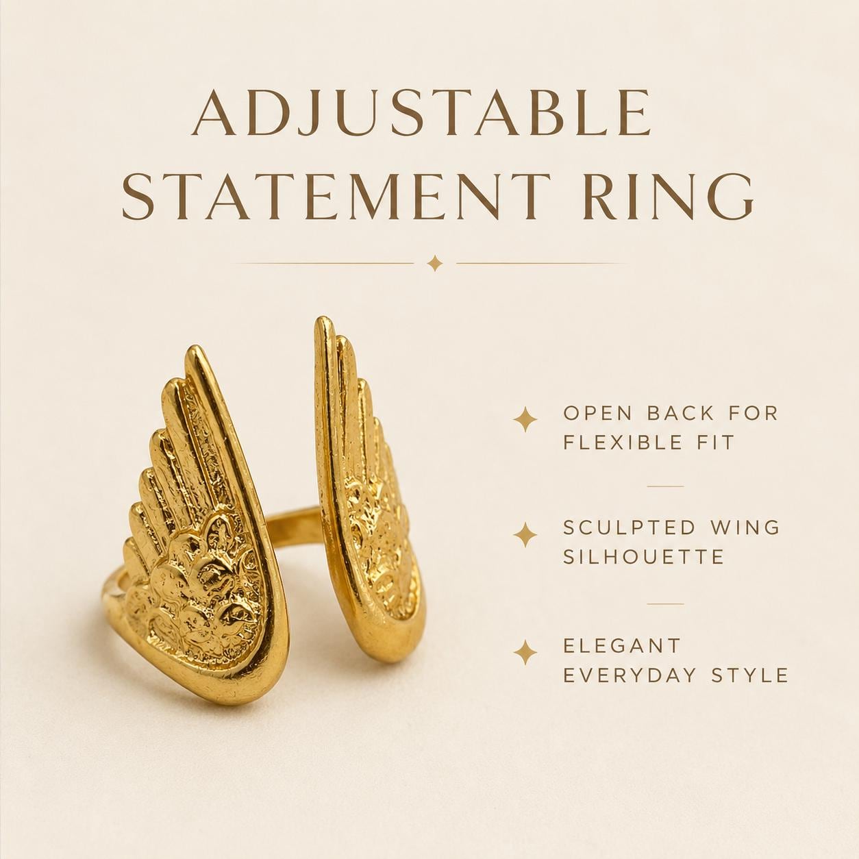 Wing Gold Ring – Adjustable Vintage Style — image 3
