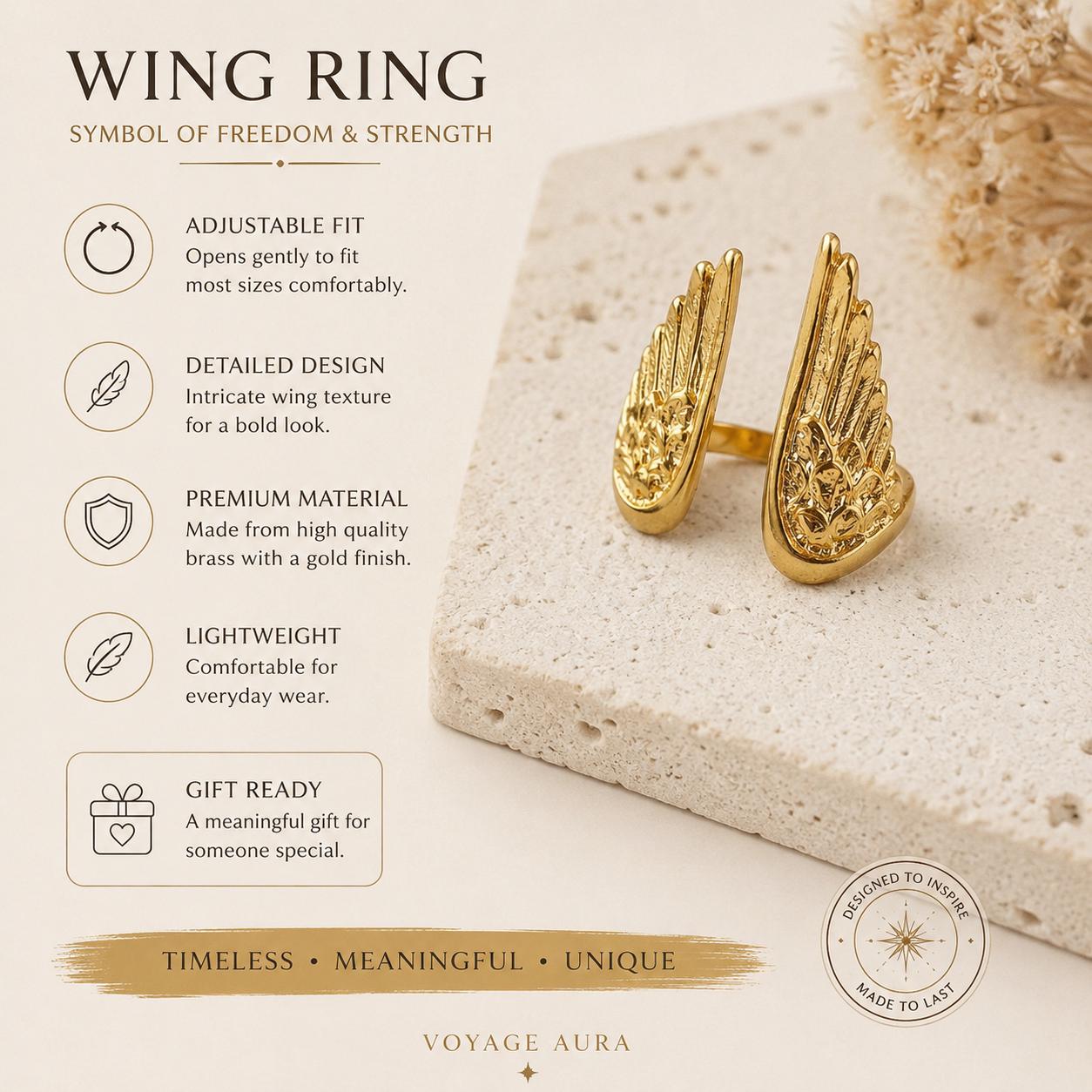 Wing Gold Ring – Adjustable Vintage Style — image 8