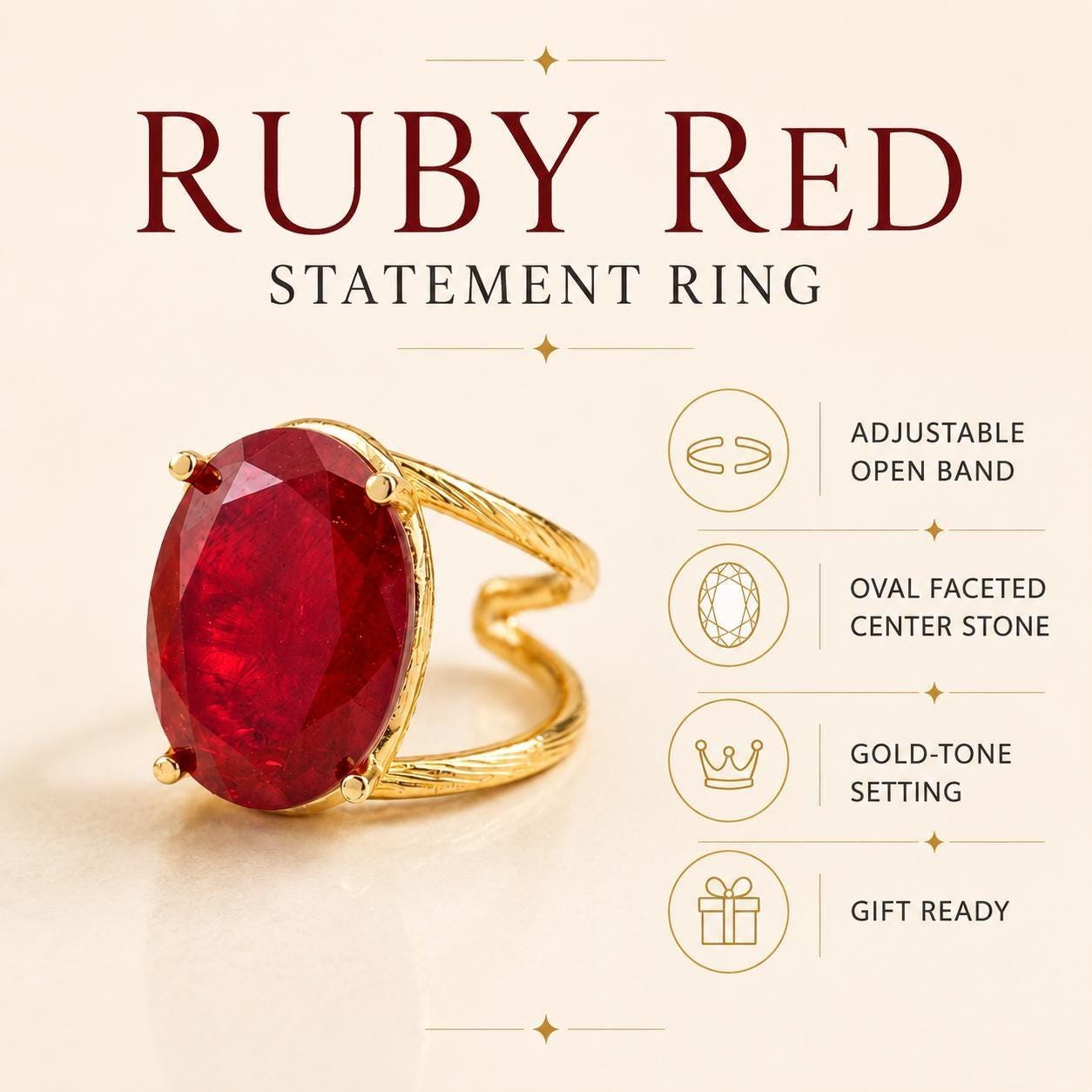 Large Red Crystal Gold Statement Ring — image 2