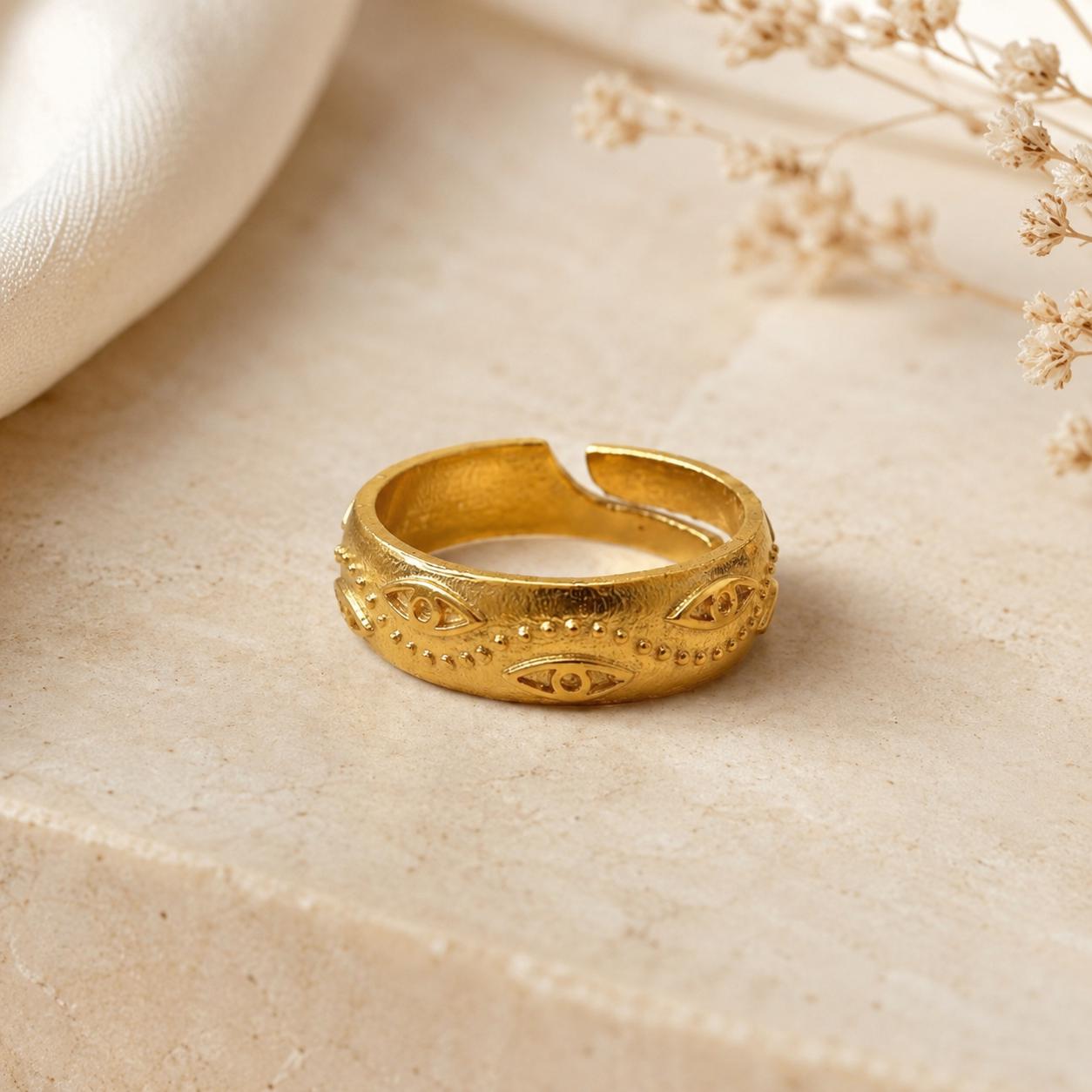 Engraved Evil Eye Gold Band Ring — image 8