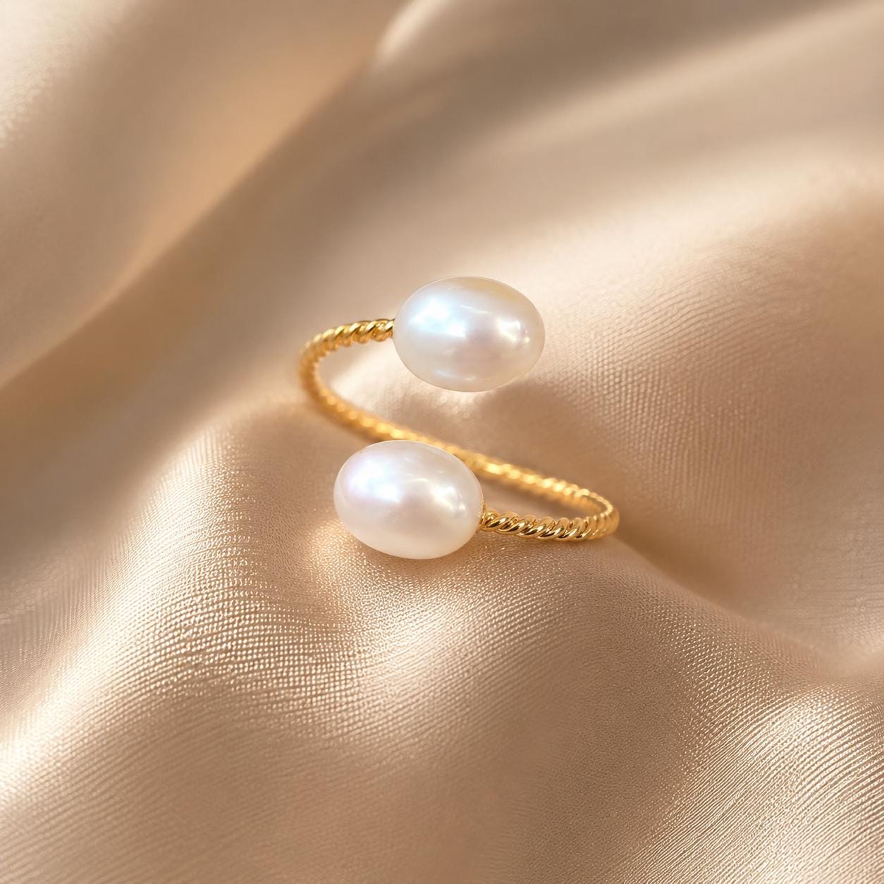 Double Pearl Gold Ring – Open Band — image 6