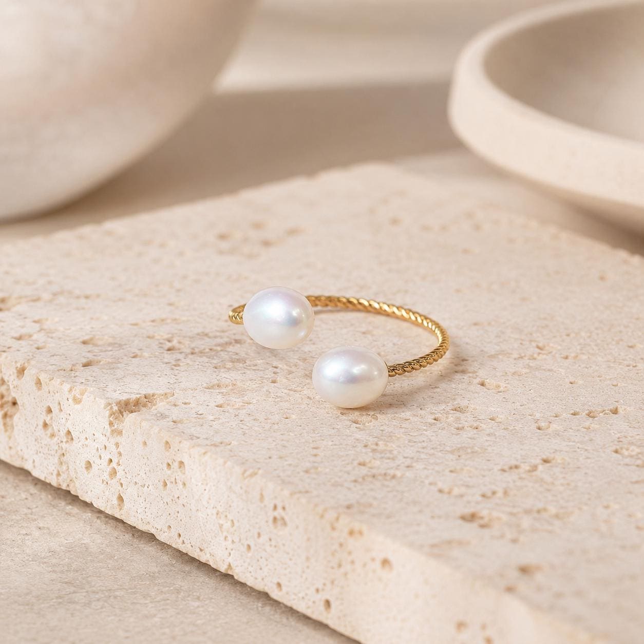 Double Pearl Gold Ring – Open Band — image 8