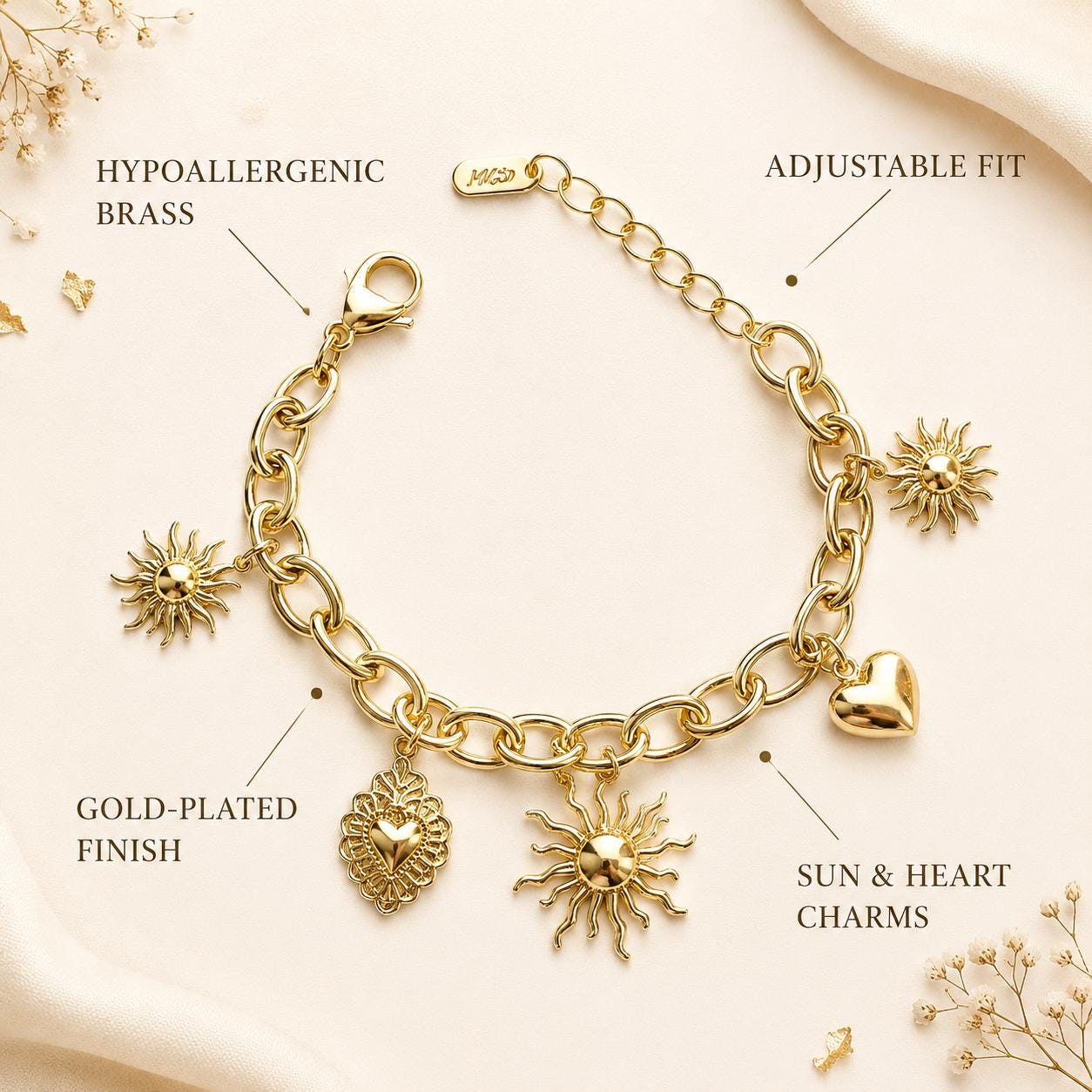 Sun & Heart Charm Gold Bangle — image 7