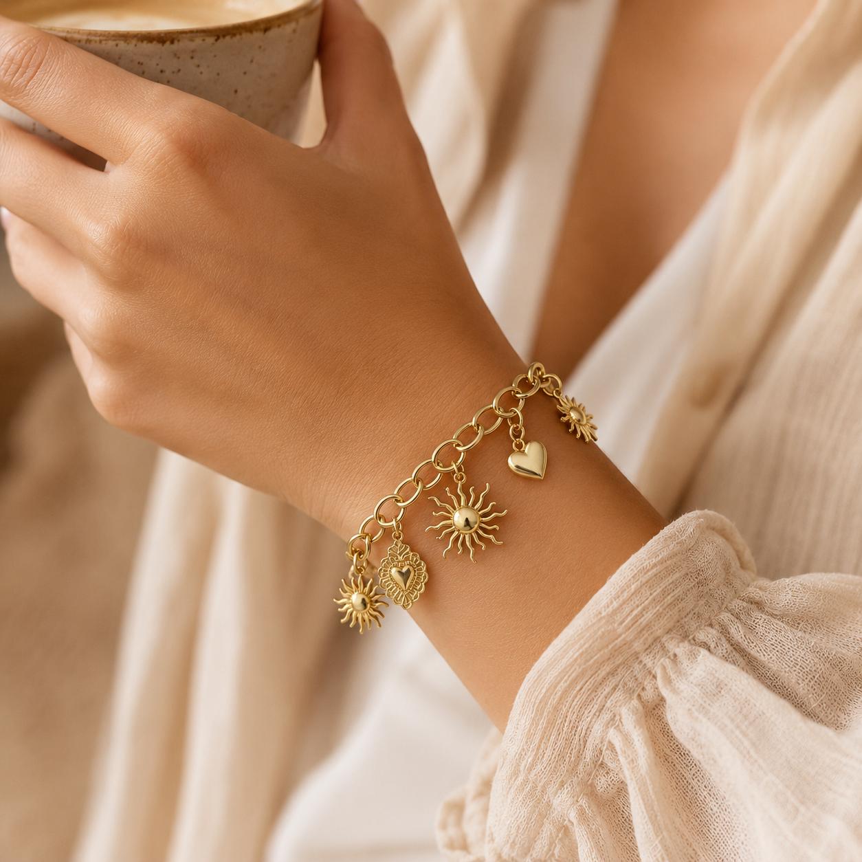 Sun & Heart Charm Gold Bangle — image 2