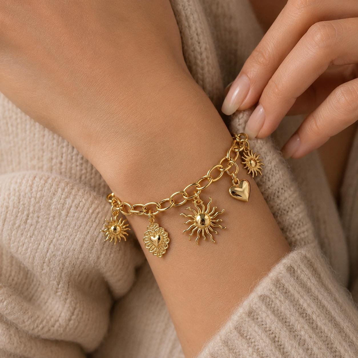 Sun & Heart Charm Gold Bangle — image 3
